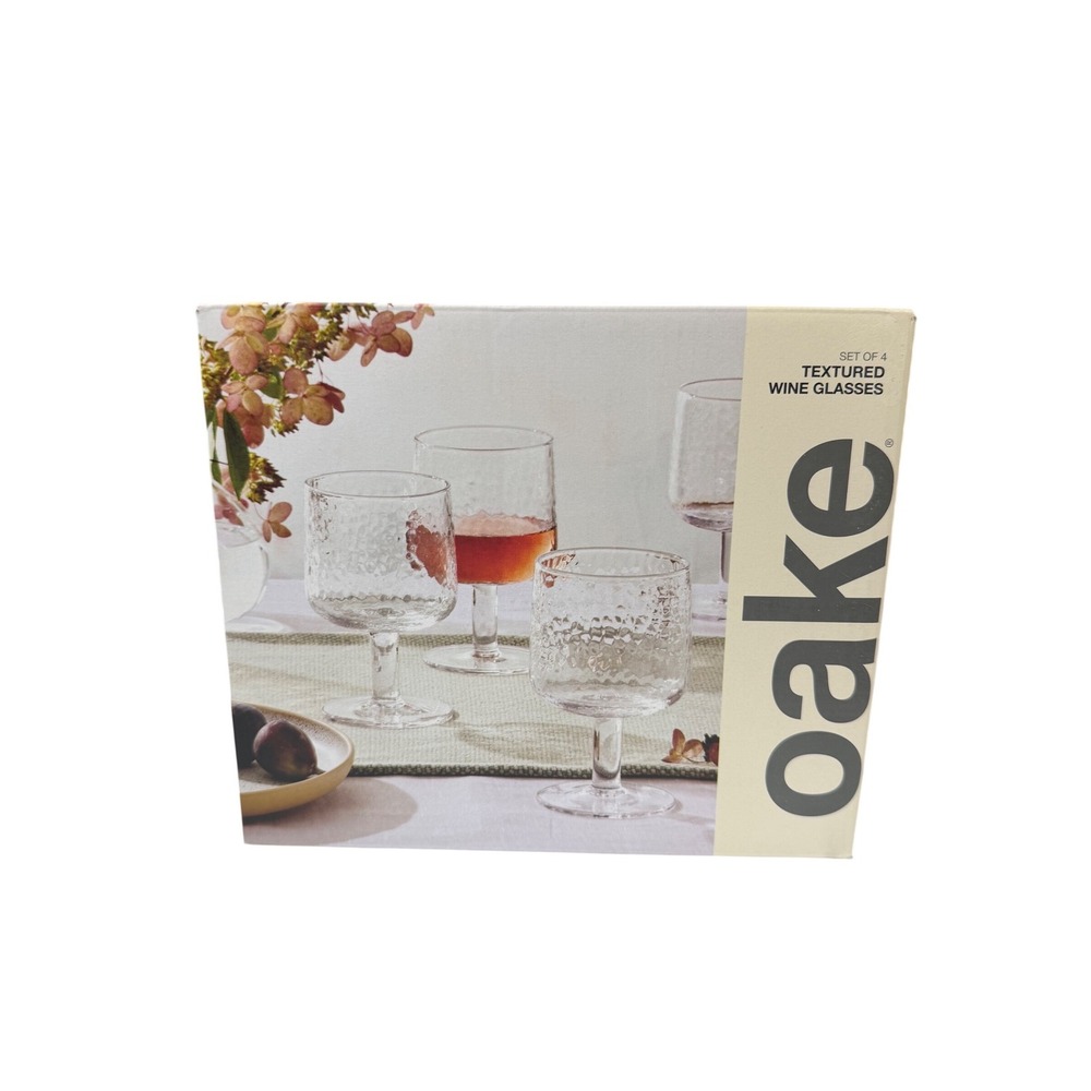 Oake Textured Wine Glasses Set of 4‎ Clear Hammered Glass 12oz Short Stem NEW